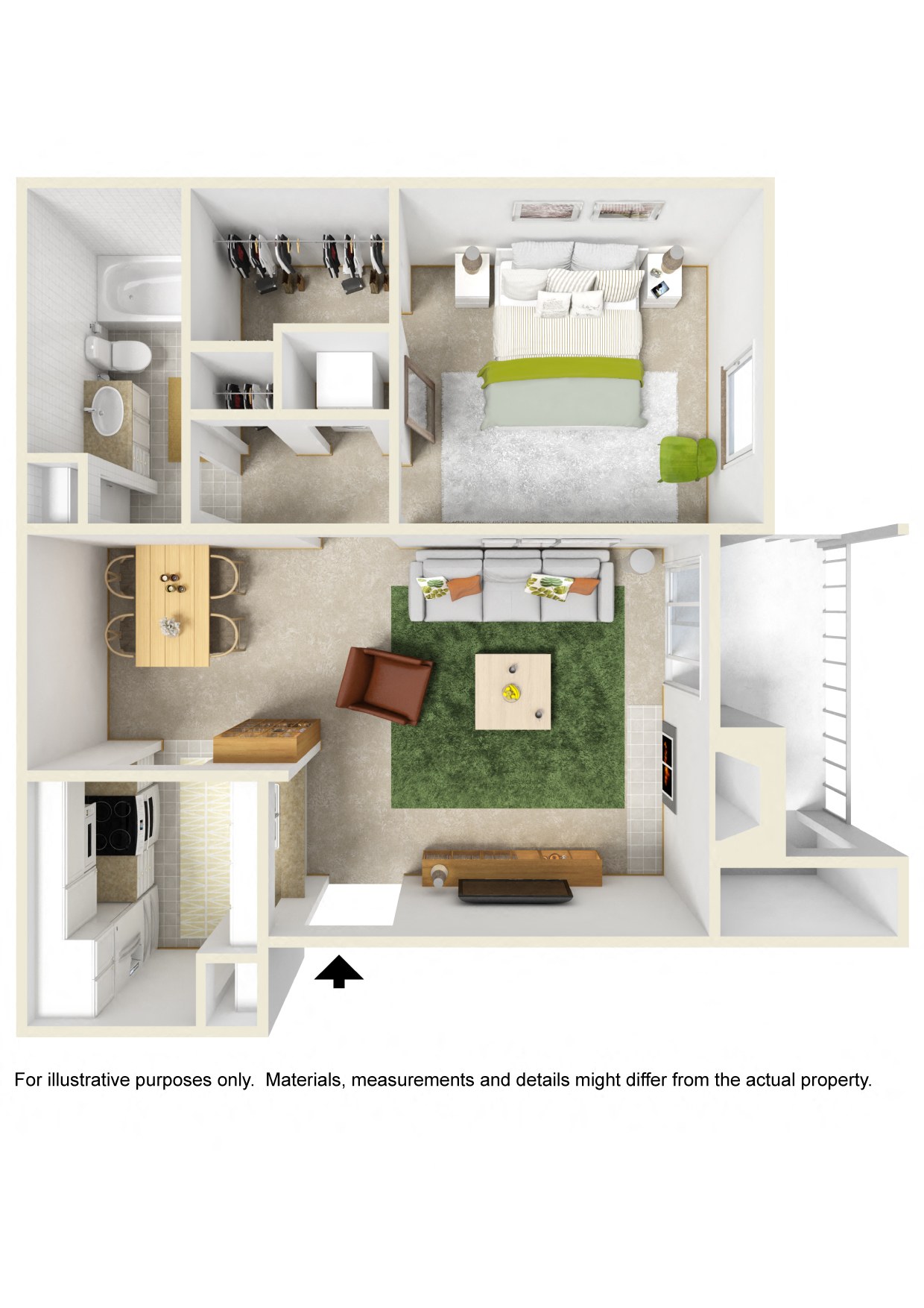 Floor plan for 1 bed, 1 bath, 648 sqft